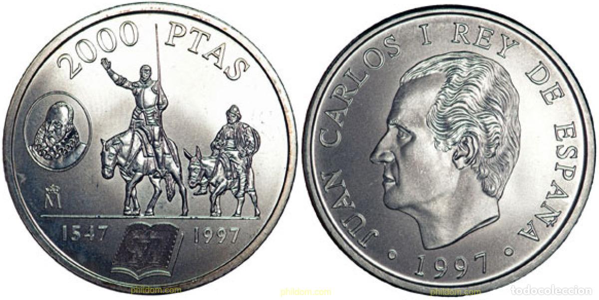 Monedas Juan Carlos I: 1496 ESPA&Ntilde;A 1997 450 ANIVERSARIO DEL NACINIENTO DE MIGUEL DE CERVANTES 2000 PTS PLATA