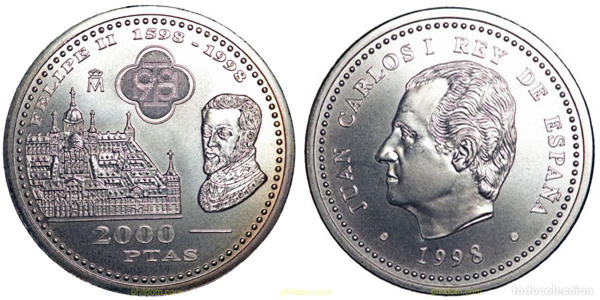 Monedas Juan Carlos I: 1497 ESPA&Ntilde;A 1998 400 ANIVERSARIO DE LA MUERTE DE FELIPE II. EL ESCORIAL. 2000 PTS PLATA