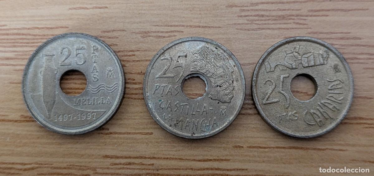 Monedas Juan Carlos I: Lote 3 monedas 25 pesetas. Canarias 1994, Castilla - La Mancha 1996 y Melilla 1997 -