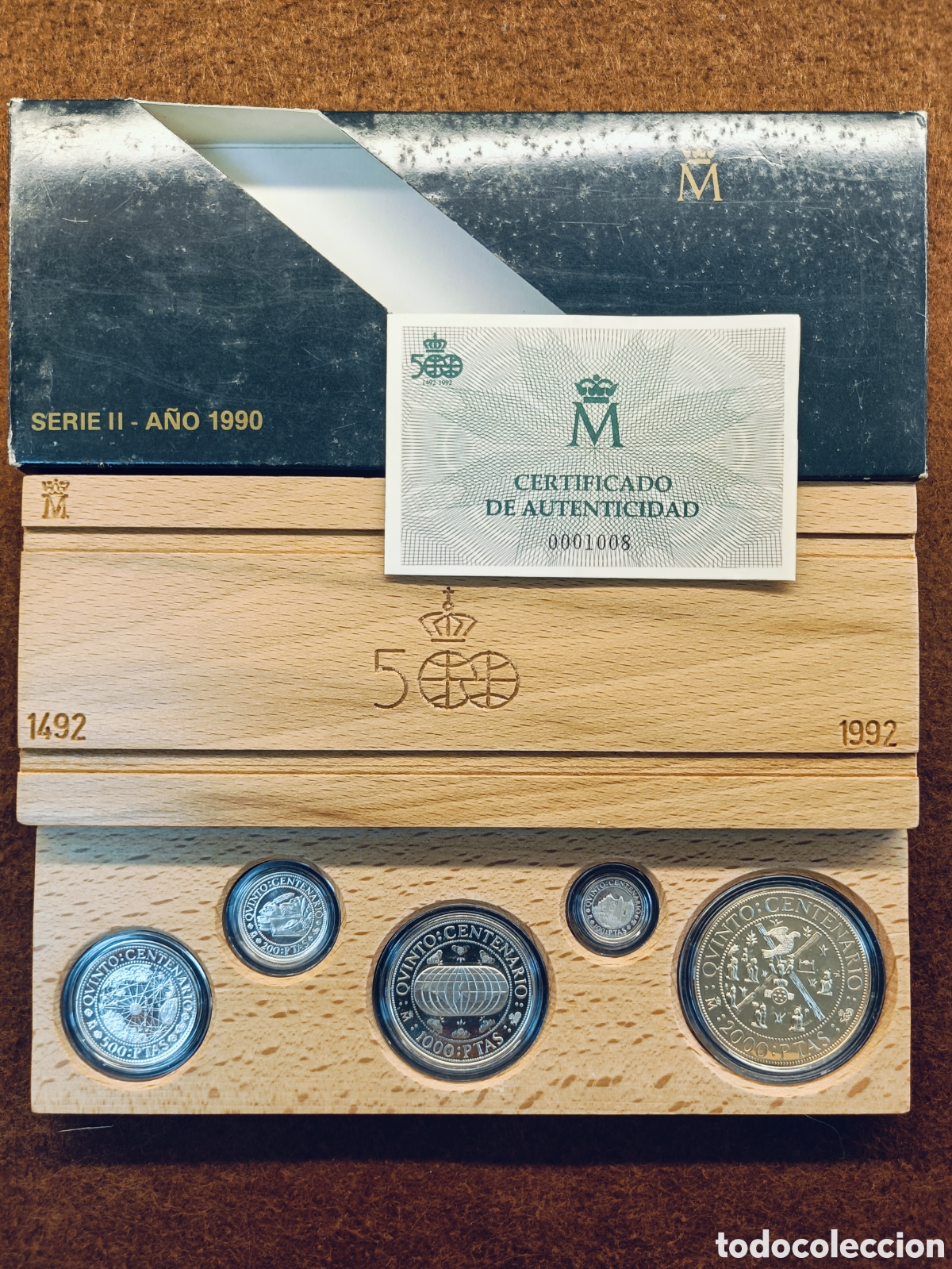 Monedas Juan Carlos I: SERIE II DEL V CENTENARIO A&Ntilde;O 1990.CON CAJA , ESTUCHE Y CERTIFICADO