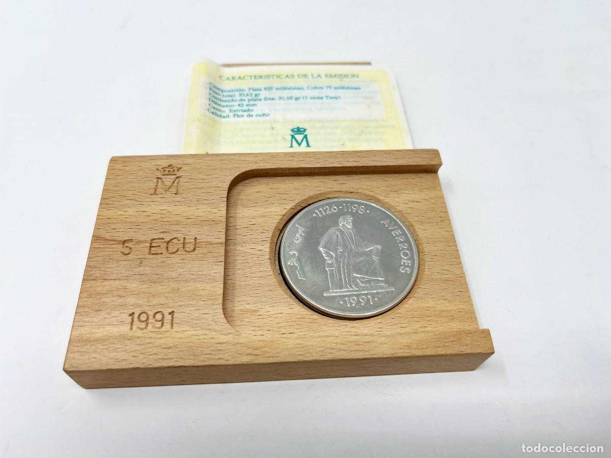 Monedas Juan Carlos I: Moneda 5 ECU Espa&ntilde;a 1991 Averroes Onza Plata Proof FNMT con Estuche y Certificado