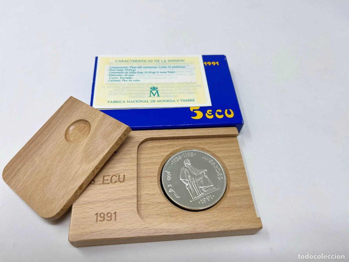 Monedas Juan Carlos I: Moneda 5 ECU Espa&ntilde;a 1991 Averroes Onza Plata Proof FNMT con Estuche y Certificado