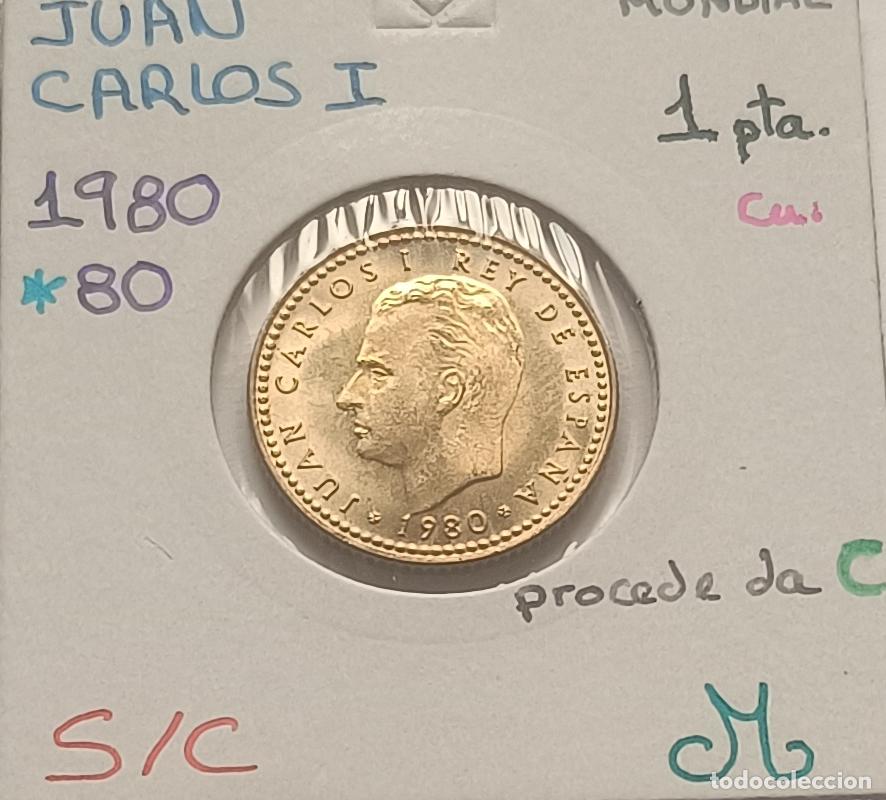 Monedas Juan Carlos I: 1 peseta Juan Calor 1980 estrella 80, sin circular, S/C encartonada