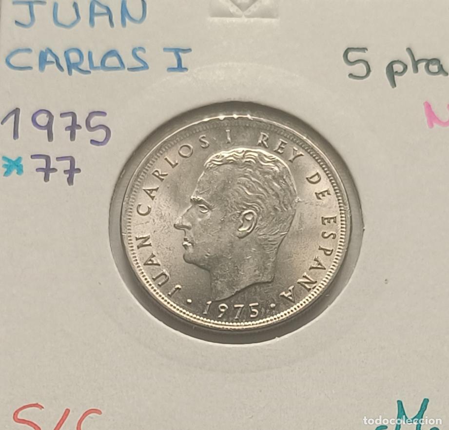 Coins Juan Carlos I: 5 pesetas Juan Carlos I, 1975 estrella 1977, sin circular, S/C encartonada