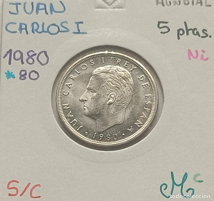 Monedas Juan Carlos I: 5 pesetas Juan Carlos I, 1980 estrella 80, Mundial, sin circular, S/C encartonada