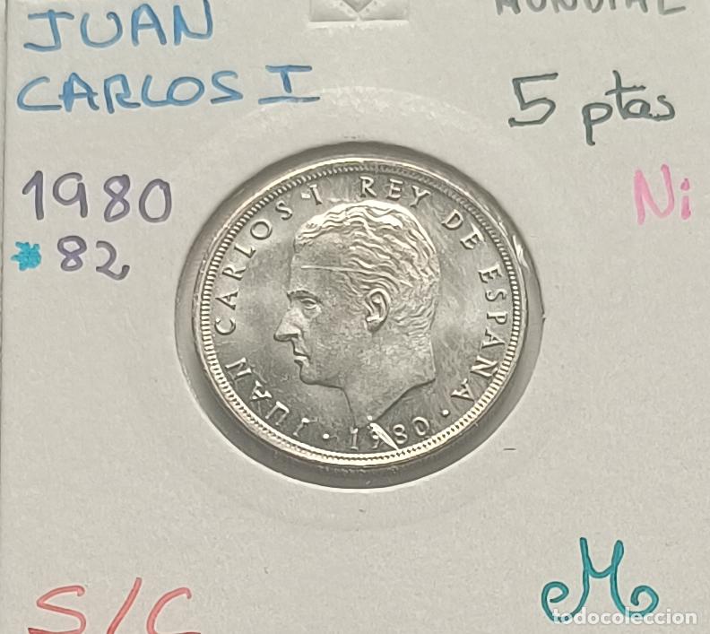 Monedas Juan Carlos I: 5 pesetas Juan Carlos I, 1980 estrella 82, Mundial, sin circular, S/C encartonada