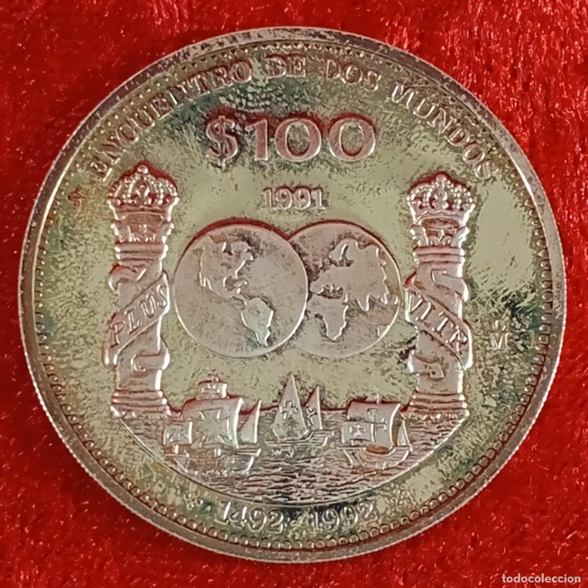 Moedas Juan Carlos I: ENCUENTRO DE DOS MUNDOS - 100 $ - 1991 - ESTADOS UNIDOS MEXICANOS - 27 G - PLATA - INVERSI&Oacute;N / 10