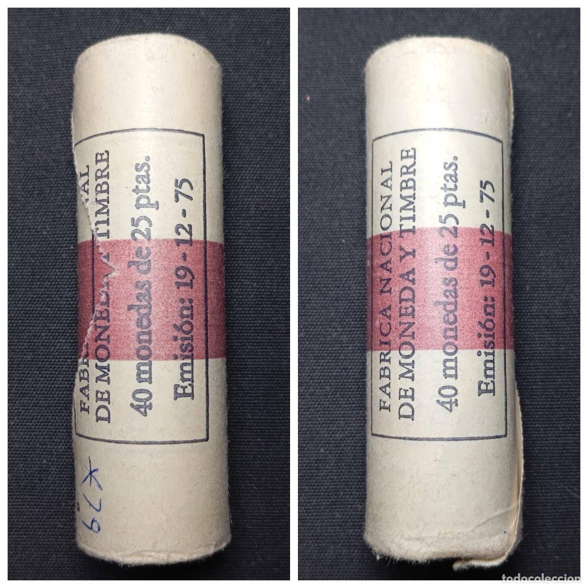 Monedas Juan Carlos I: ⚜️ K02. 1975 *79 (B). Cartucho FNMT con 40 monedas de 25 pesetas. 343 g