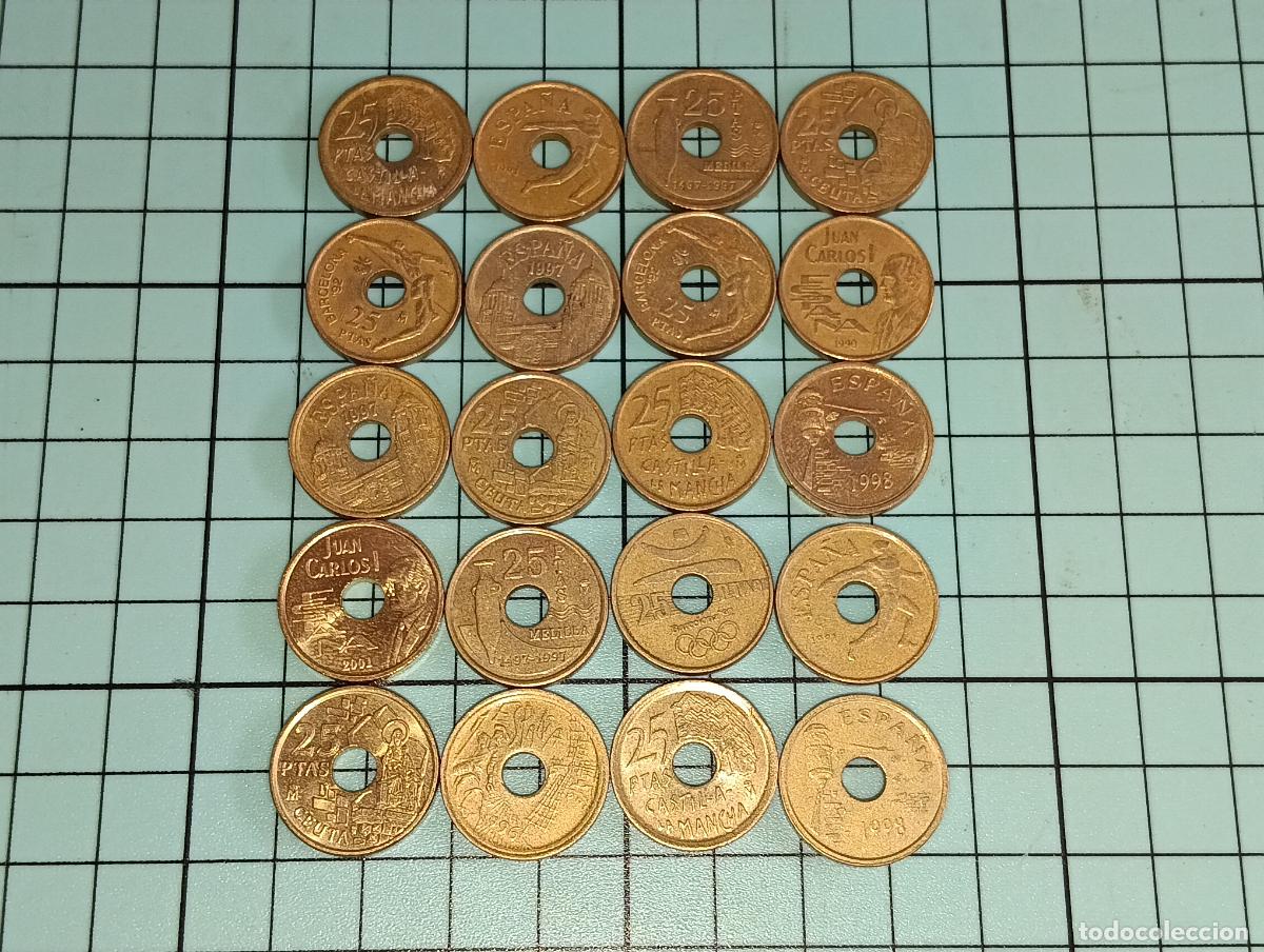 Monedas Juan Carlos I: Lote de monedas de Espa&ntilde;a 25 pesetas 5 duros con agujero