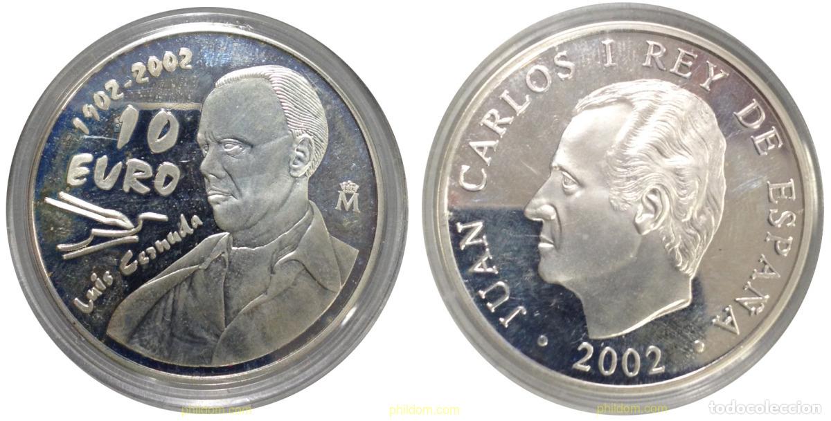 Monnaies Juan Carlos I: 1426 ESPA&Ntilde;A 2002 10&euro; SPAIN 2002 8 REALES LUIS CERNUDA. ESTUCHE OFICIAL
