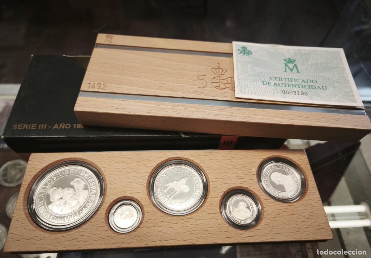Monedas Juan Carlos I: Espa&ntilde;a Colecci&oacute;n 5 Monedas 100 200 500 1000 2000 Pesetas V Centenario Serie III 1991 Plata