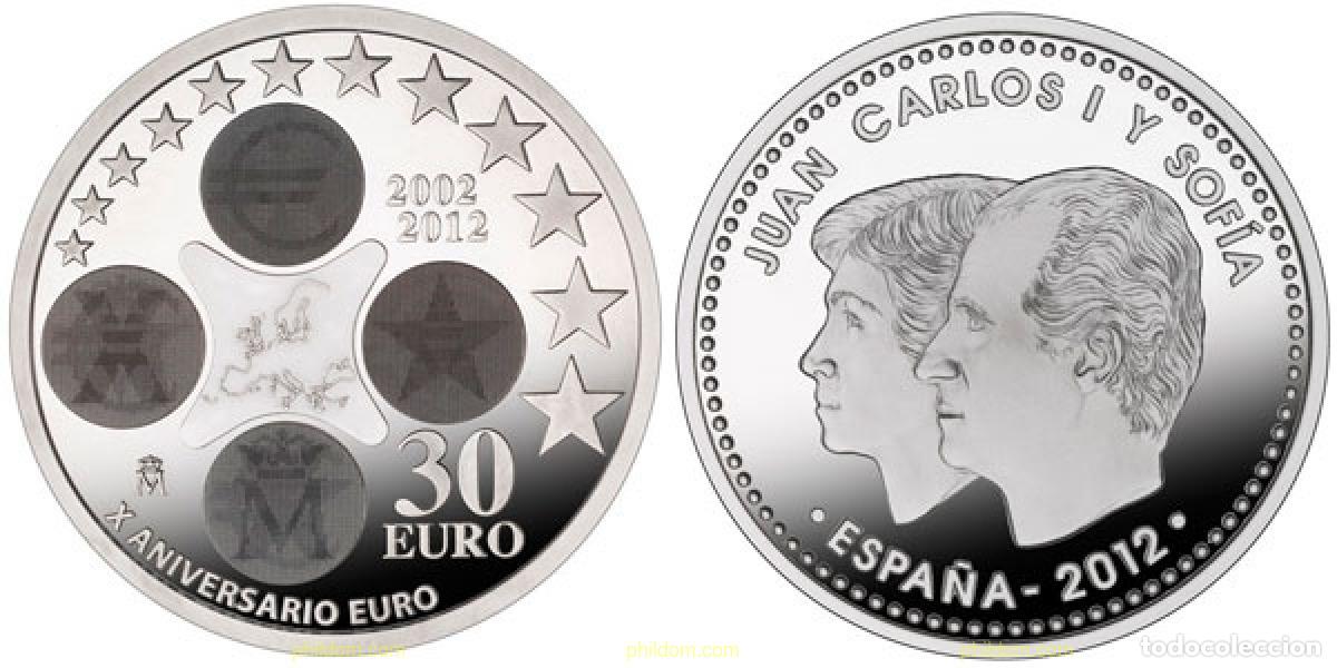 Monnaies Juan Carlos I: 1296 ESPA&Ntilde;A 2012 30 EUROS 2012, X ANIVERSARIO DEL EURO.PLATA, ESPA&Ntilde;A