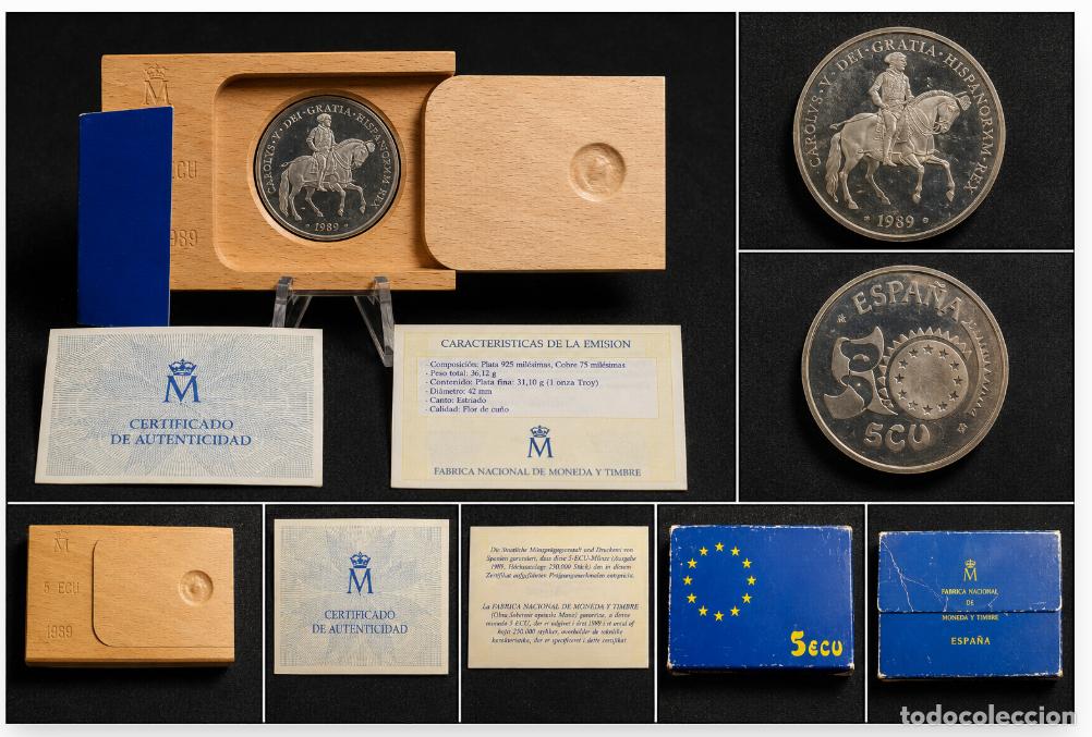 Monedas Juan Carlos I: 5 ECU 1989 FNMT Plata Proof Carlos V - Completa con estuche, doble certificado y caja original