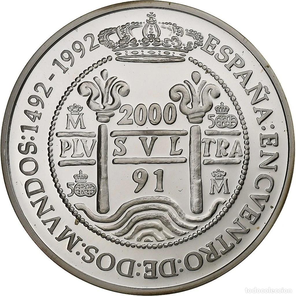 Monedas Juan Carlos I: ESPA&Ntilde;A 2000 pesetas plata 1991 proof COLUMNARIO - Encuentro entre dos mundos
