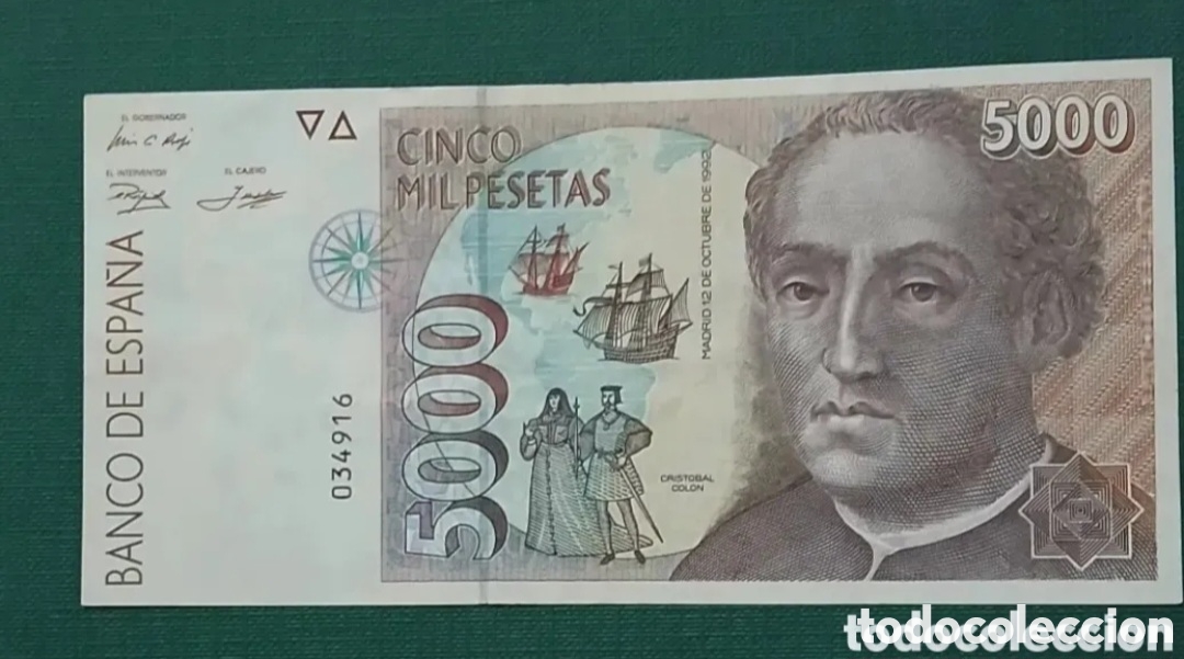 Monedas Juan Carlos I: BILLETE 5000 PTS CRIST&Oacute;BAL COL&Oacute;N 1992 SIN SERIE Y N&Uacute;MERO BAJO 034916