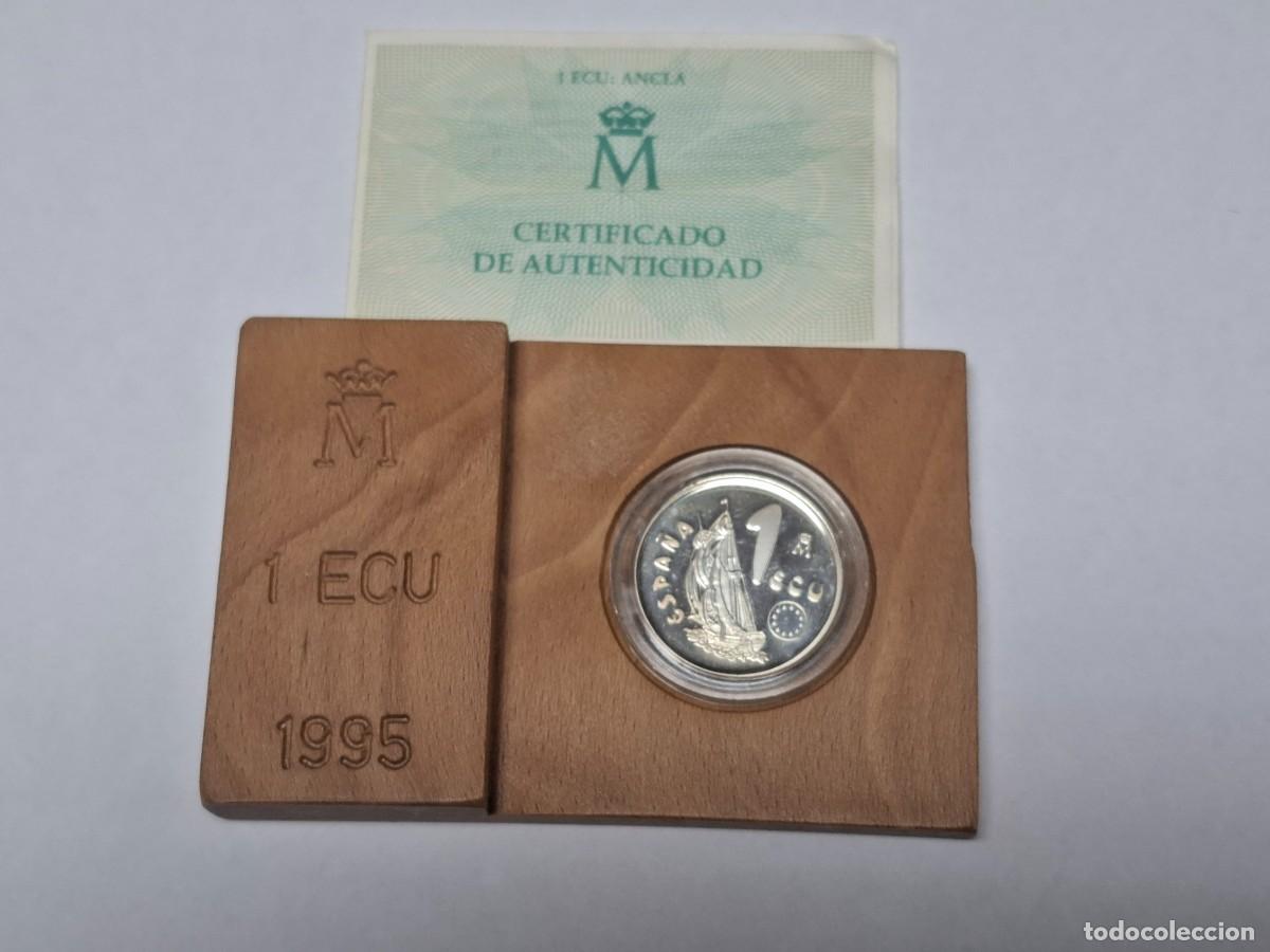 Monedas Juan Carlos I: Moneda en estuche de madera de 1 ECU de 1995 MARINA ESPA&Ntilde;OLA BANCO DE ESPA&Ntilde;A