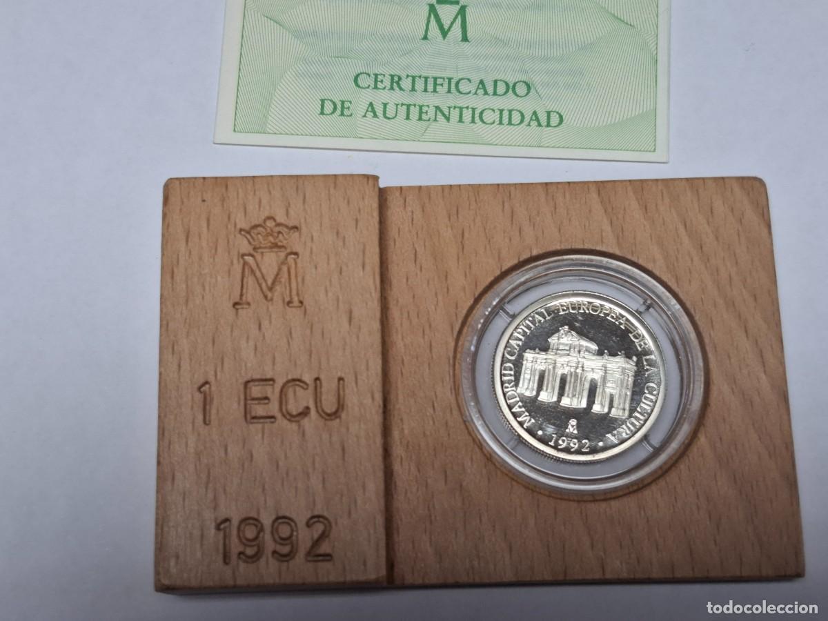 Monedas Juan Carlos I: Moneda en estuche de madera de 1 ECU de 1992 MADRID CAPITAL EUROPEA BANCO DE ESPA&Ntilde;A