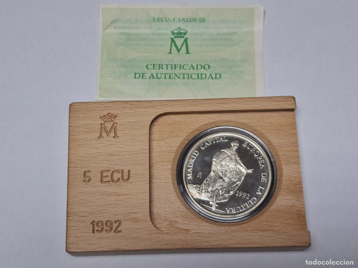 Monedas Juan Carlos I: Moneda en estuche de madera de 5 ECUS de 1992 MADRID CAPITAL EUROPEA BANCO DE ESPA&Ntilde;A