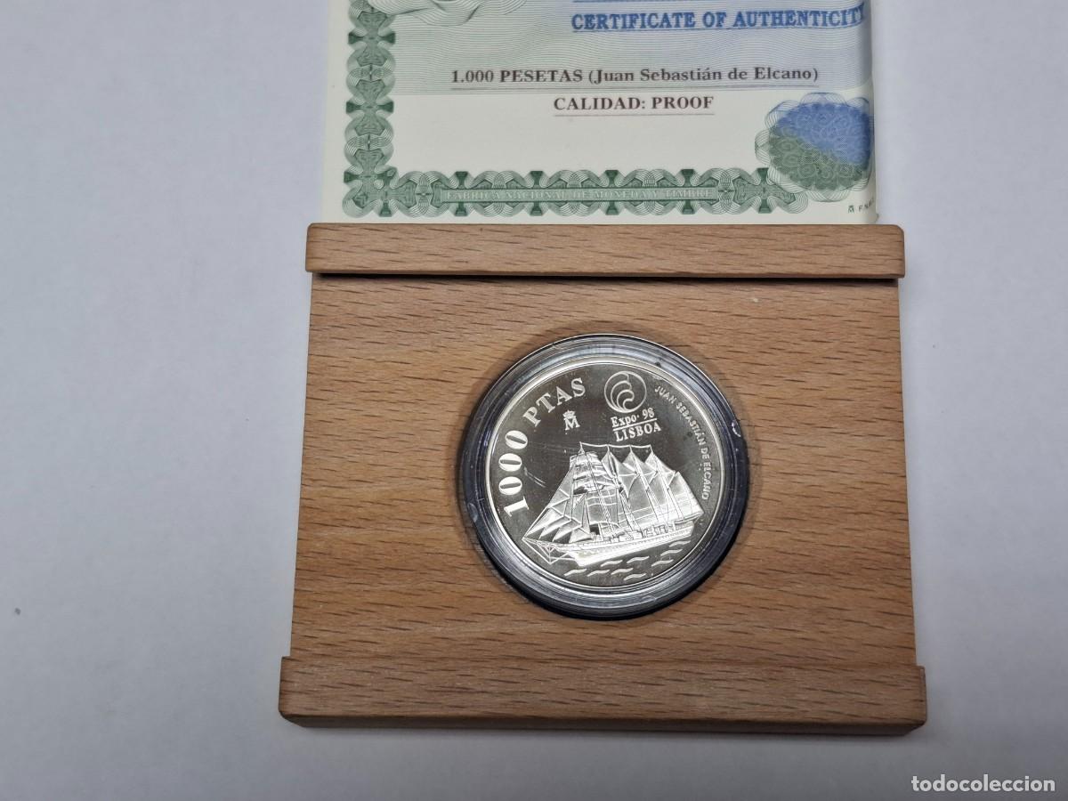 Monedas Juan Carlos I: Moneda en estuche de madera de 1000 PESETAS de PLATA de 1998 EXPO 98 BANCO DE ESPA&Ntilde;A
