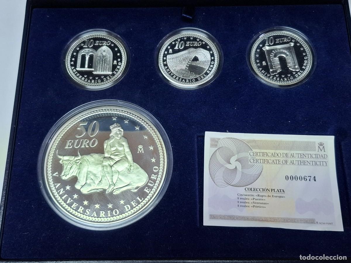 Monedas Juan Carlos I: Estuche de 3 monedas de plata de 10 euros y una de 50 euros de 2003 ANIVERSARIO del EURO, en PROOF