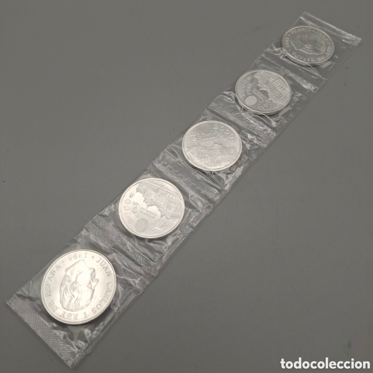 Monedas Juan Carlos I: LOTE 5 MONEDAS PLATA CONMEMORATIVAS 12 EUROS. (1995) Palacio Real de Madrid. 18gr. Precinto original