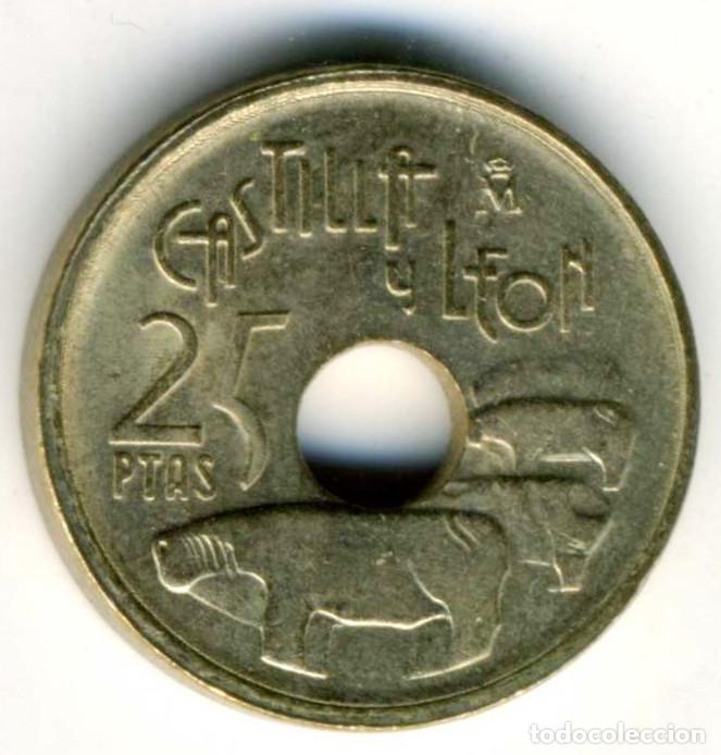 Monedas Juan Carlos I: XS- 25 Pesetas Castilla y Leon 1995 ERROR Agujero DESPLAZADO un poco
