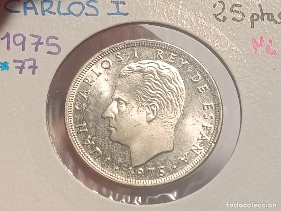 Coins Juan Carlos I: 25 pesetas Juan Carlos I, 1975 estrella 77, sin circular, S/C encartonada