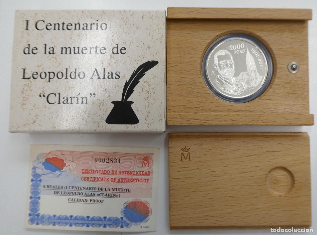 Monedas Juan Carlos I: Estuche de madera l centenario de la muerte de Leopoldo Alas Clar&iacute;n d&eacute; 2000 PTS ,Plata escasa