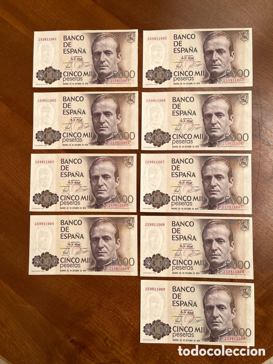 Monedas Juan Carlos I: Lote 9 Billetes 5000 Ptas 1979 Correlativos SC