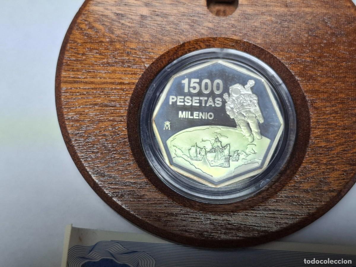 Monedas Juan Carlos I: Estuche moneda de PLATA de 1500 PESETAS de 1999 Cambio de Milenio BANCO DE ESPA&Ntilde;A, ASTRONAUTA en PRO