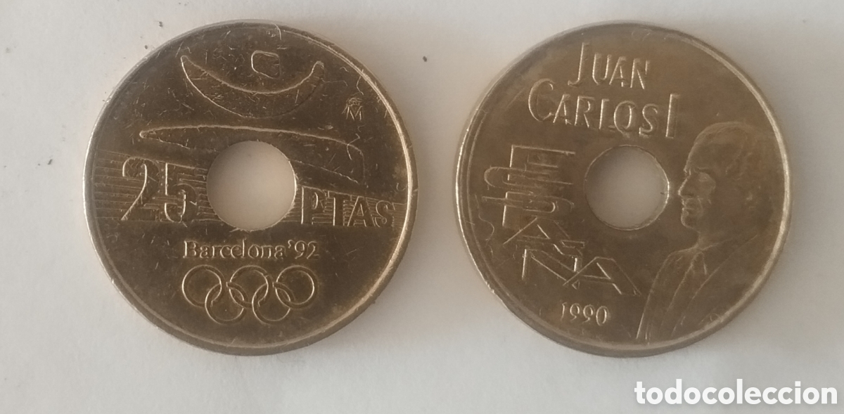 Monedas Juan Carlos I: LOTE DOS MONEDAS DE 25 PESETAS JUAN CARLOS I 1990 &rdquo;P&Eacute;RTIGA Y DISC&Oacute;BOLO&rdquo; CORRECTAS