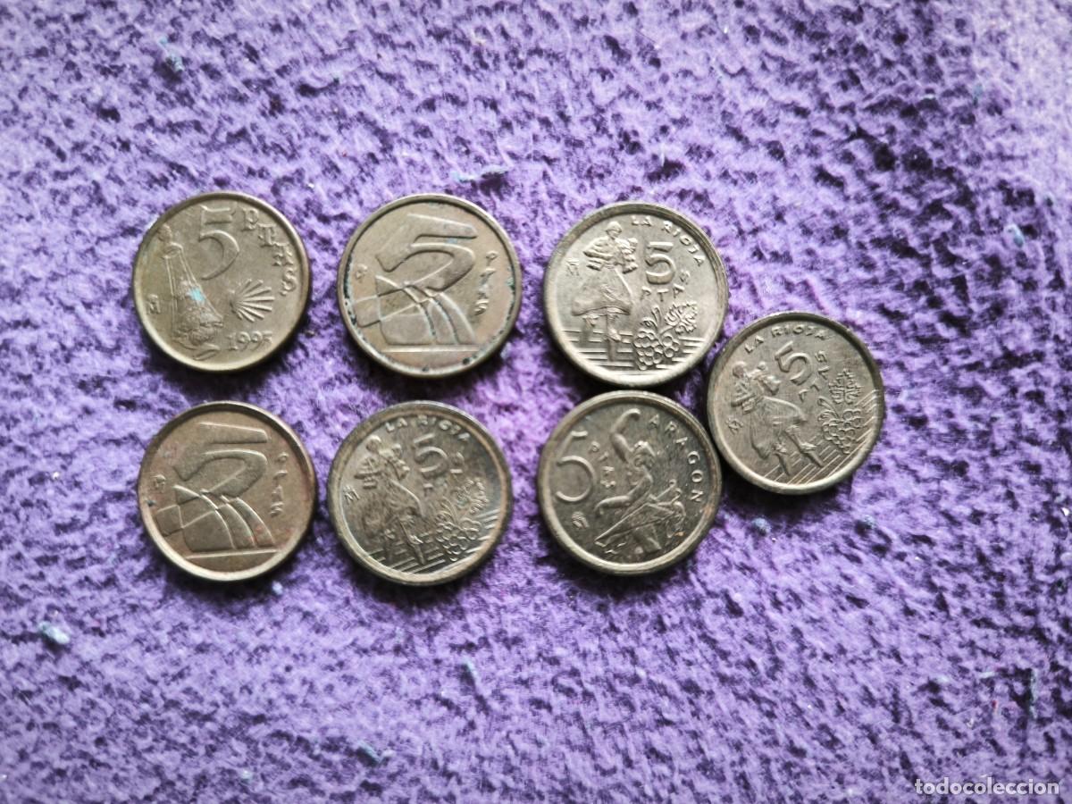 Monedas Juan Carlos I: Lote 7 Monedas De 5 Pesetas Conmemorativas &ndash; Xacobeo, La Rioja, Arag&oacute;n &ndash; Serie Autonom&iacute;as