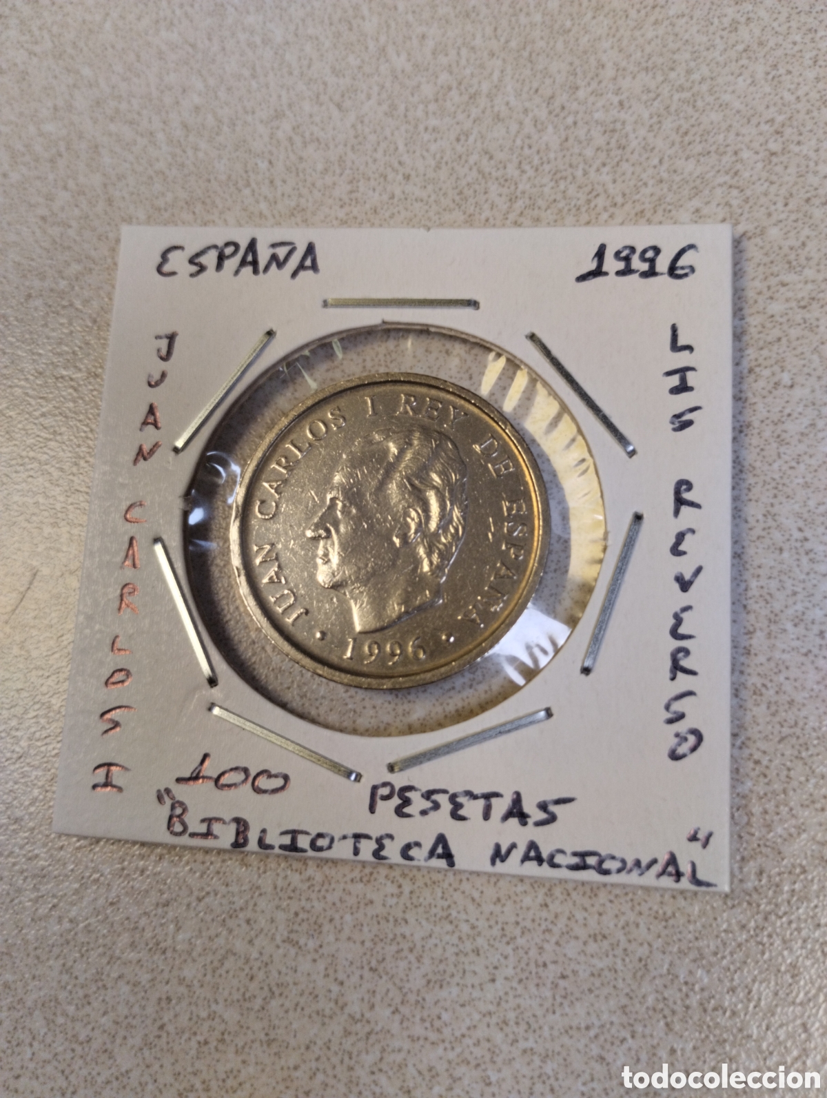 Monedas Juan Carlos I: Moneda de 100 pesetas Espa&ntilde;a a&ntilde;o 1996 lis reverso biblioteca Nacional mbc encartonada