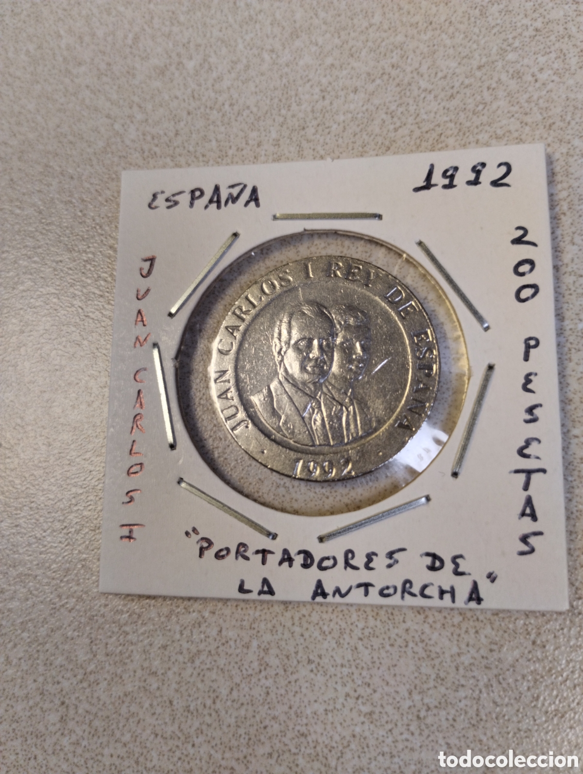 Monedas Juan Carlos I: Moneda 200 pesetas Espa&ntilde;a a&ntilde;o 1992 portador de la llama mbc encartonada