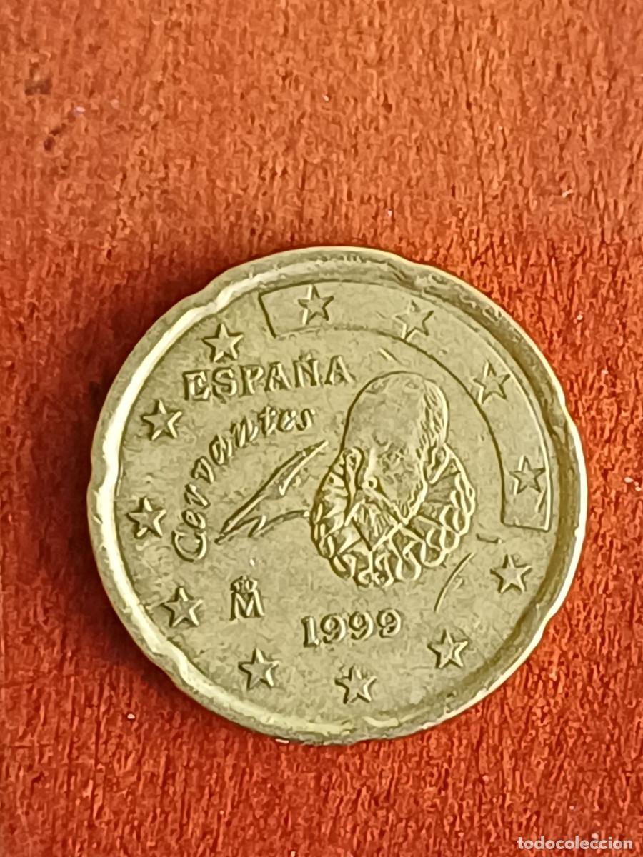 Monedas Juan Carlos I: Moneda de 20 centimos conmemorativa con el rostro de Miguel de Cervantes del a&ntilde;o 1999, con errores.
