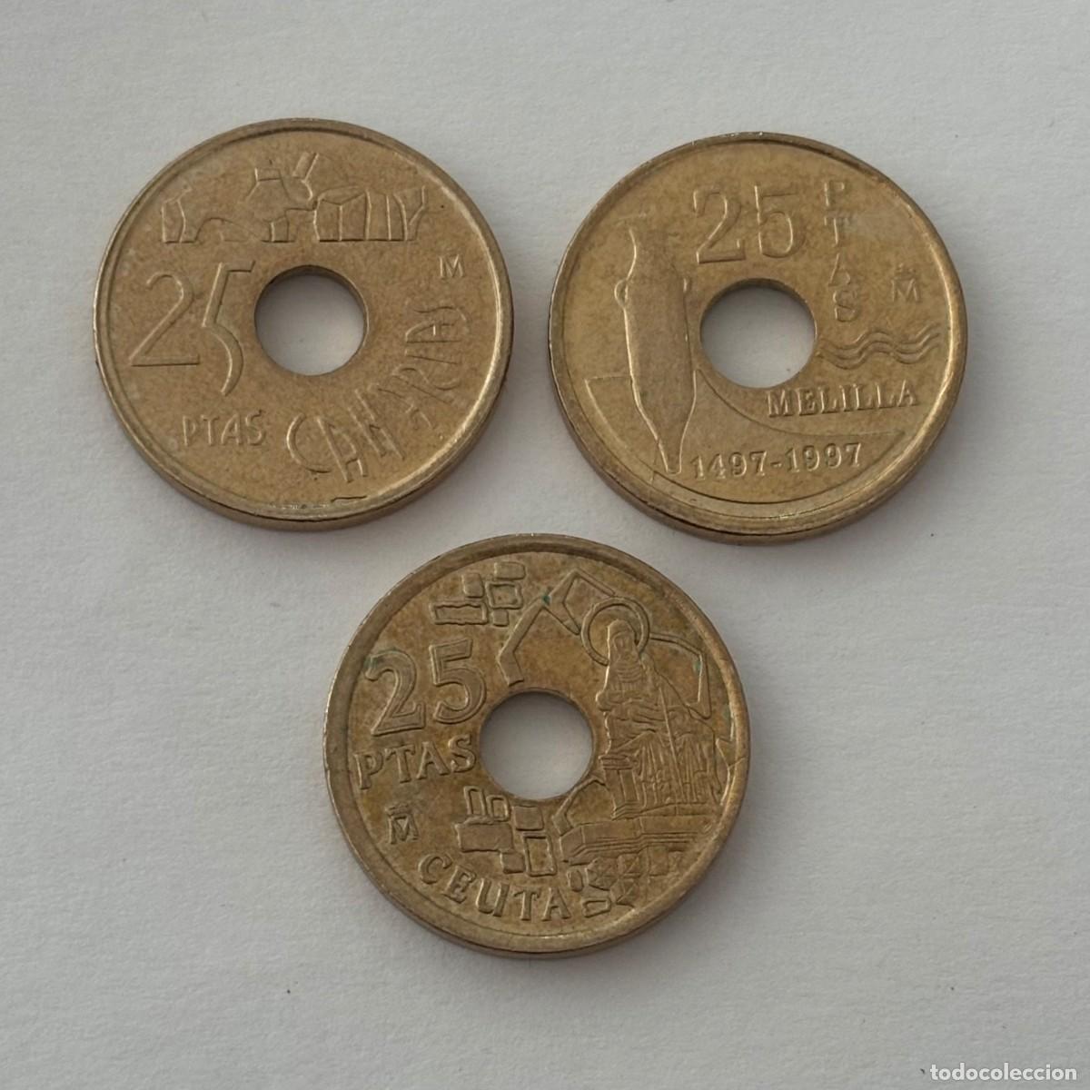 Coins Juan Carlos I: LOTE TRES MONEDAS DE 25 PESETAS JUAN CARLOS I 1994-1997-1998 CANARIAS-MELILLA-CEUTA MUY BUEN ESTADO