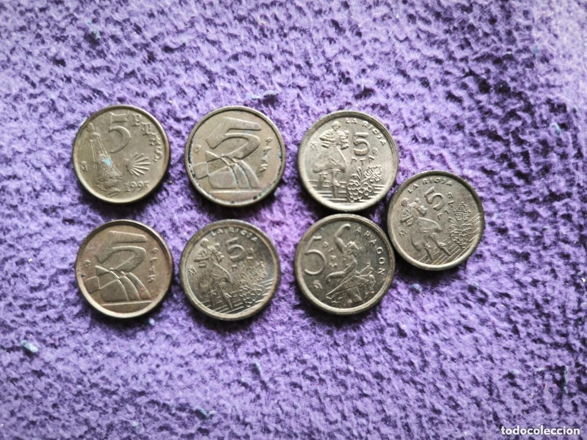 Monedas Juan Carlos I: Lote 7 Monedas De 5 Pesetas Conmemorativas &ndash; Xacobeo, La Rioja, Arag&oacute;n &ndash; Serie Autonom&iacute;as