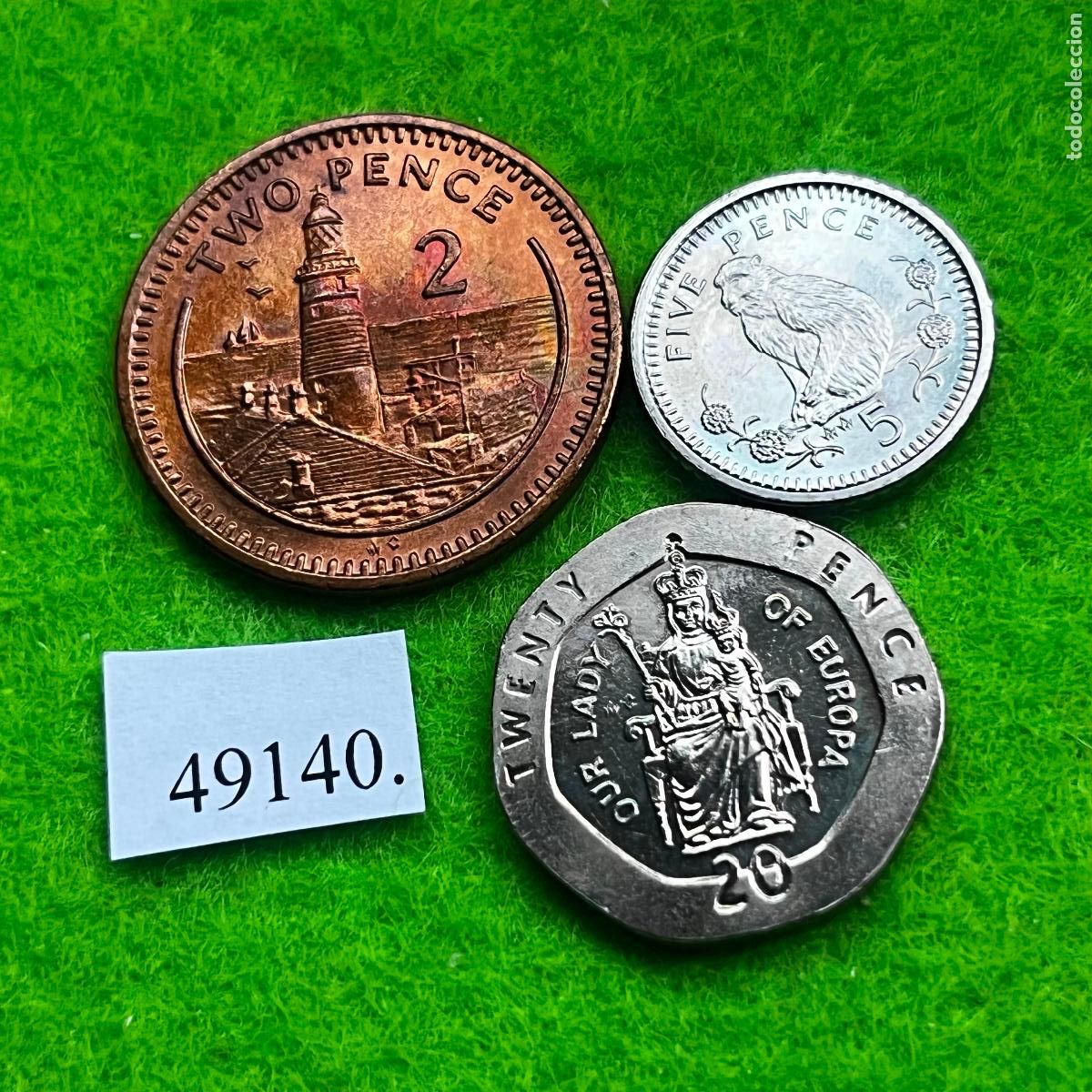 Monedas Juan Carlos I: Espa&ntilde;a Gibraltar, ocupaci&oacute;n inglesa, 2, 5 y 20 peniques 1988-90, lote de 3 monedas