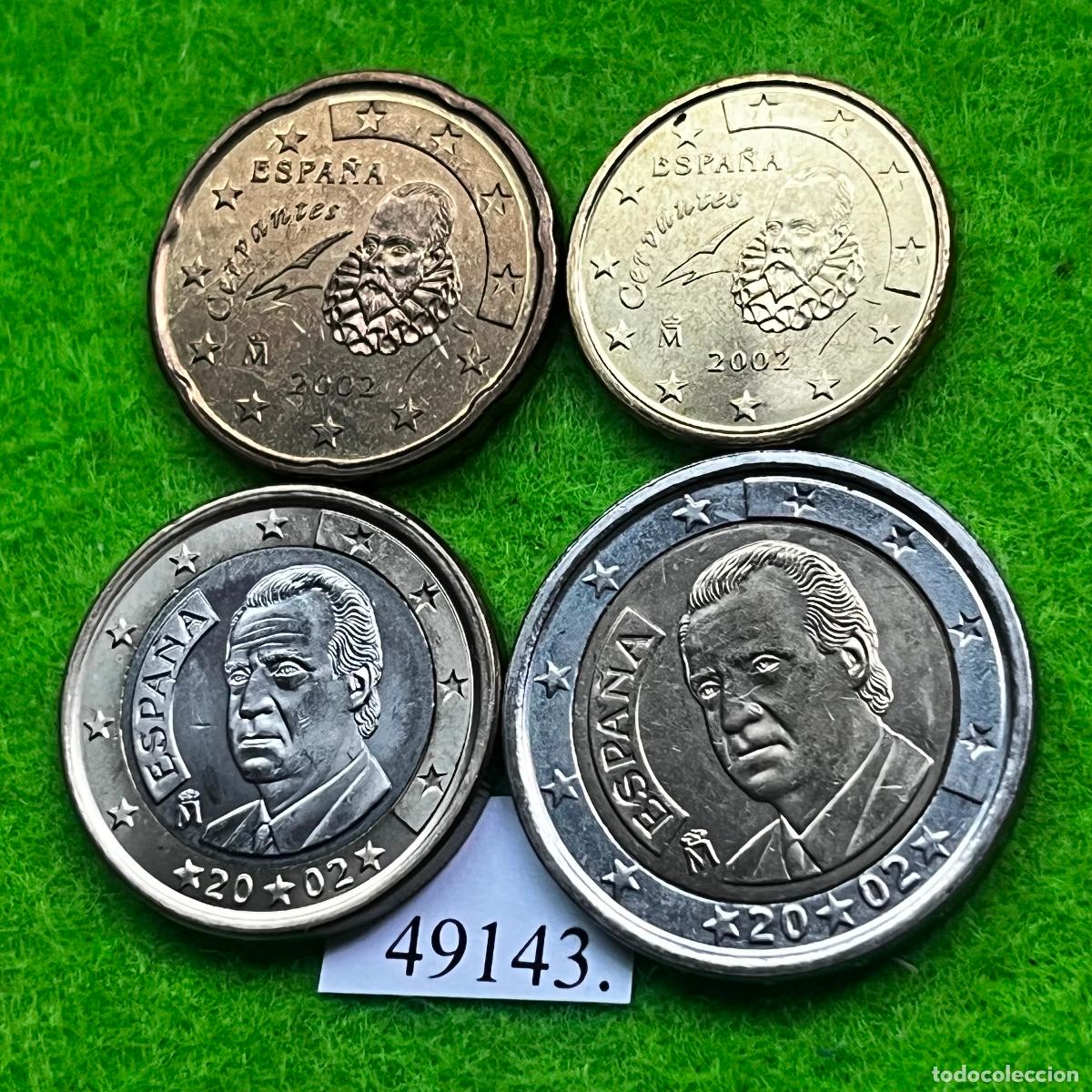 Monedas Juan Carlos I: Espa&ntilde;a 2002, 10, 20 c&eacute;ntimos, 1 y 2 euros, 4 monedas,bimet&aacute;lica 2, Juan Carlos I