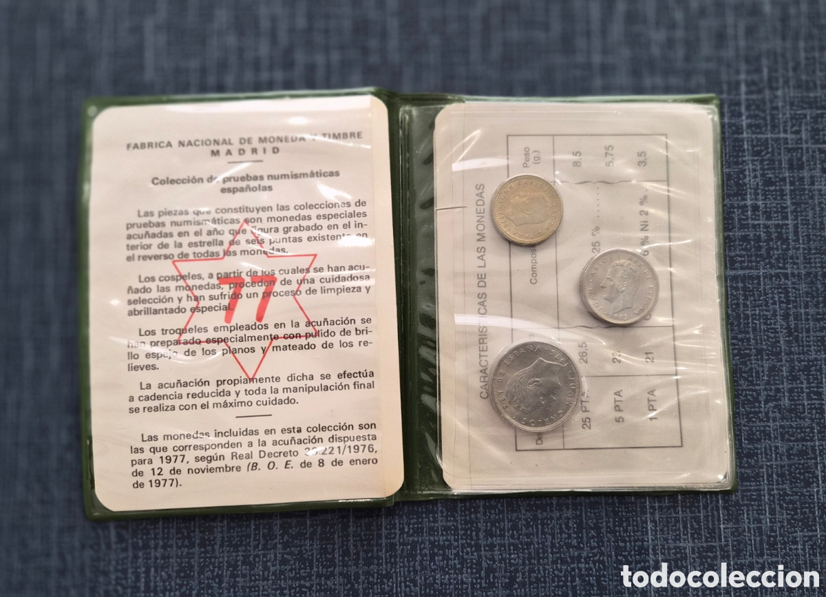 Monedas Juan Carlos I: Cartera Oficial FNMT 1977 &ndash; Pruebas Numism&aacute;ticas &ndash; Juan Carlos I &ndash; 1, 5 y 25 Pesetas