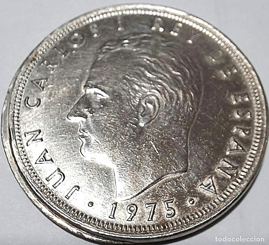 Monedas Juan Carlos I: Espa&ntilde;a, ERROR: 25 pesetas 1975 *77 Escal&oacute;n lateral en cospel &rdquo;Juan Carlos I&rdquo;./ Descripci&oacute;n y fotos.
