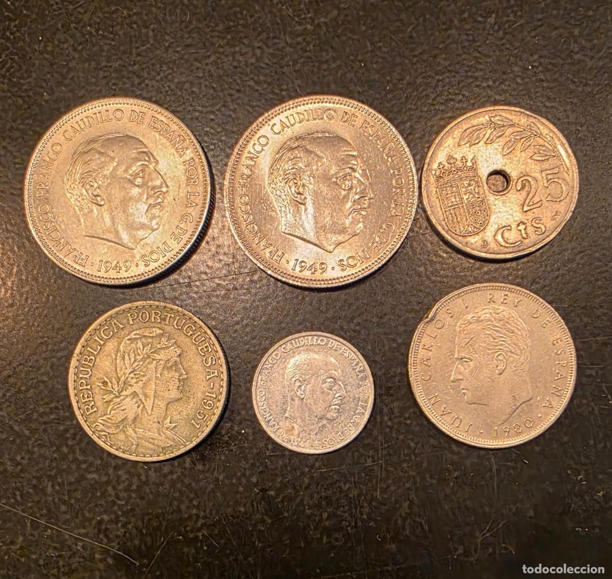 Monedas Juan Carlos I: Lote 6 Monedas Antiguas Espa&ntilde;a y Portugal &ndash; 5 Pesetas Franco 1949, Juan Carlos I 1980 y 25 C&eacute;ntimos