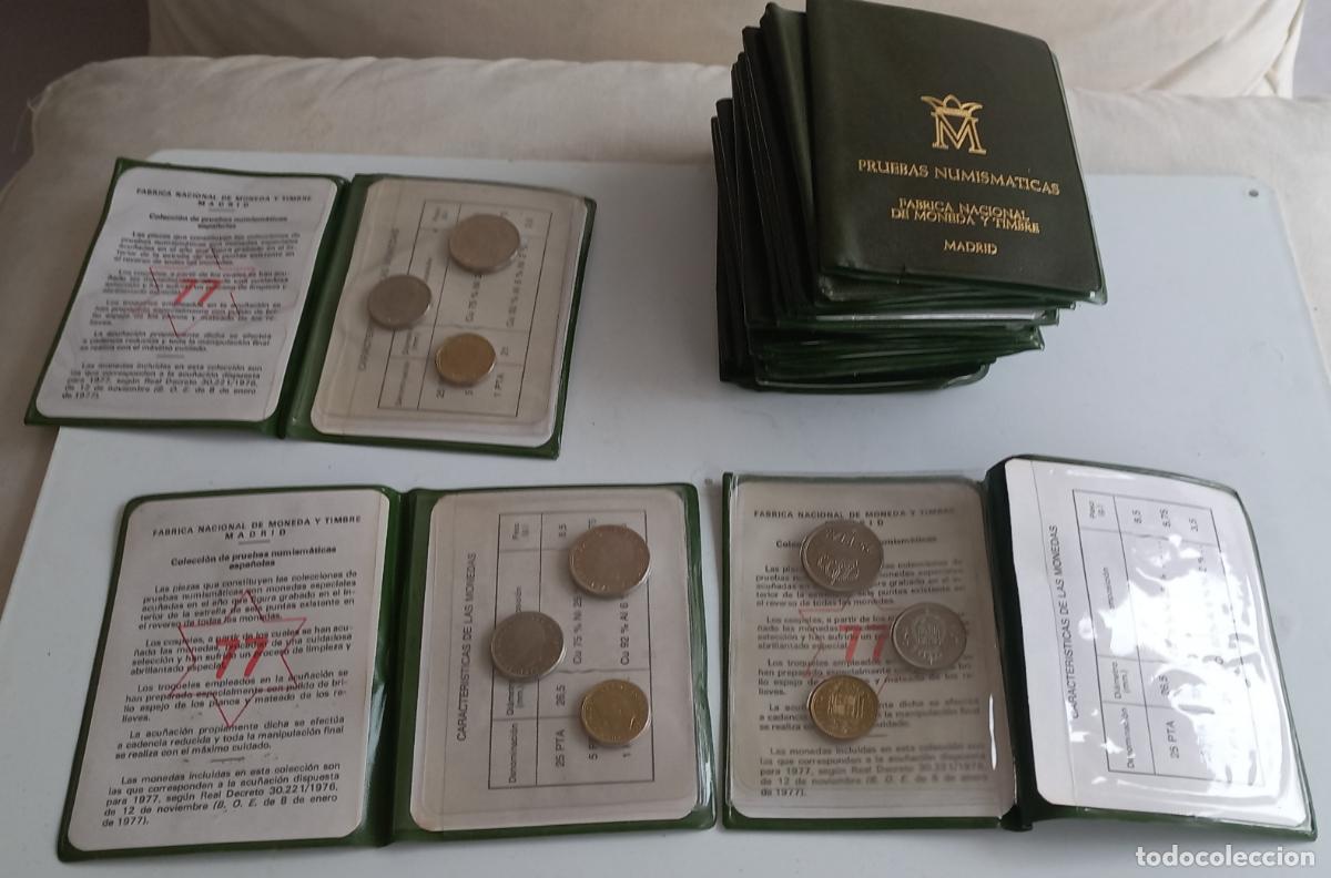 Monedas Juan Carlos I: 18 CARTERAS OFICIAL FNMT 1977 PRUEBAS NUMISMATICAS Monedas Juan Carlos I de 1-5-25 pesetas