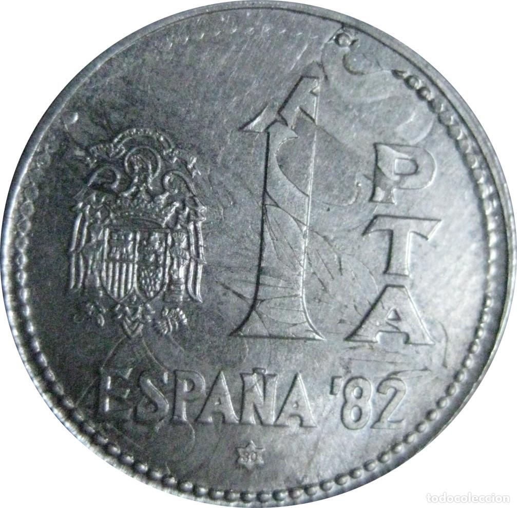 Monedas Juan Carlos I: Espa&ntilde;a, ERROR: 1 peseta 1980 *80 acu&ntilde;ada sobre 50 ctmos. (1976) de aluminio. La de las fotos.
