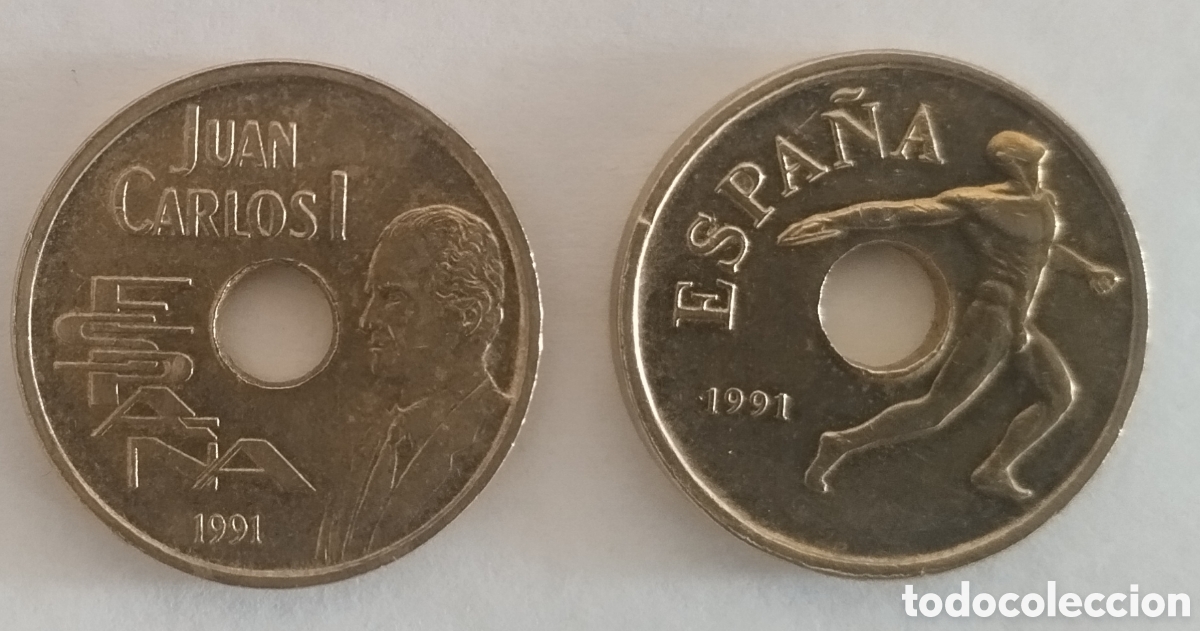 Monete Juan Carlos I: LOTE DE DOS MONEDAS DE 25 PESETAS JUAN CARLOS I 1991 &rdquo;PERTIGA Y DISC&Oacute;BOLO&rdquo; BUEN ESTADO