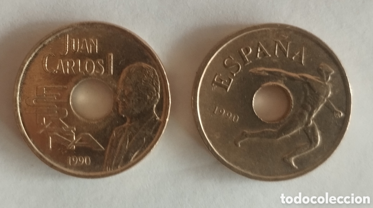 Moedas Juan Carlos I: LOTE DE DOS MONEDAS DE 25 PESETAS JUAN CARLOS I 1990 &rdquo;PERTIGA Y DISC&Oacute;BOLO&rdquo; BUEN ESTADO
