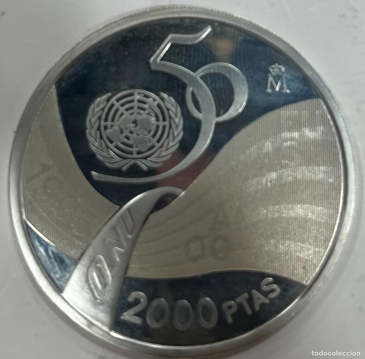 Monedas Juan Carlos I: ESPA&Ntilde;A. A&Ntilde;O 1995. 2000 PTAS PLATA (925) 50 ANIVERSARIO ONU. PESO 27GR