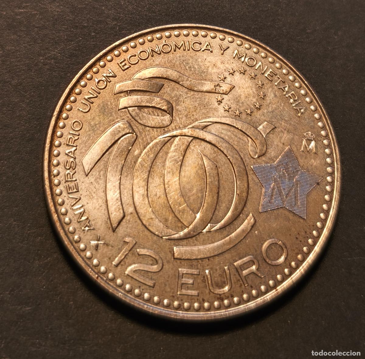 Monedas Juan Carlos I: Moneda Plata de ley, 12 euros, Espa&ntilde;a, 2009, aniversario uni&oacute;n econ&oacute;mica y monetaria Europa