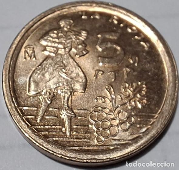 Monedas Juan Carlos I: Espa&ntilde;a 1996, ERROR 5 pesetas &rdquo;La Rioja: con el canto ancho&rdquo;. HG-447a./ Casi Sin Circular (F)