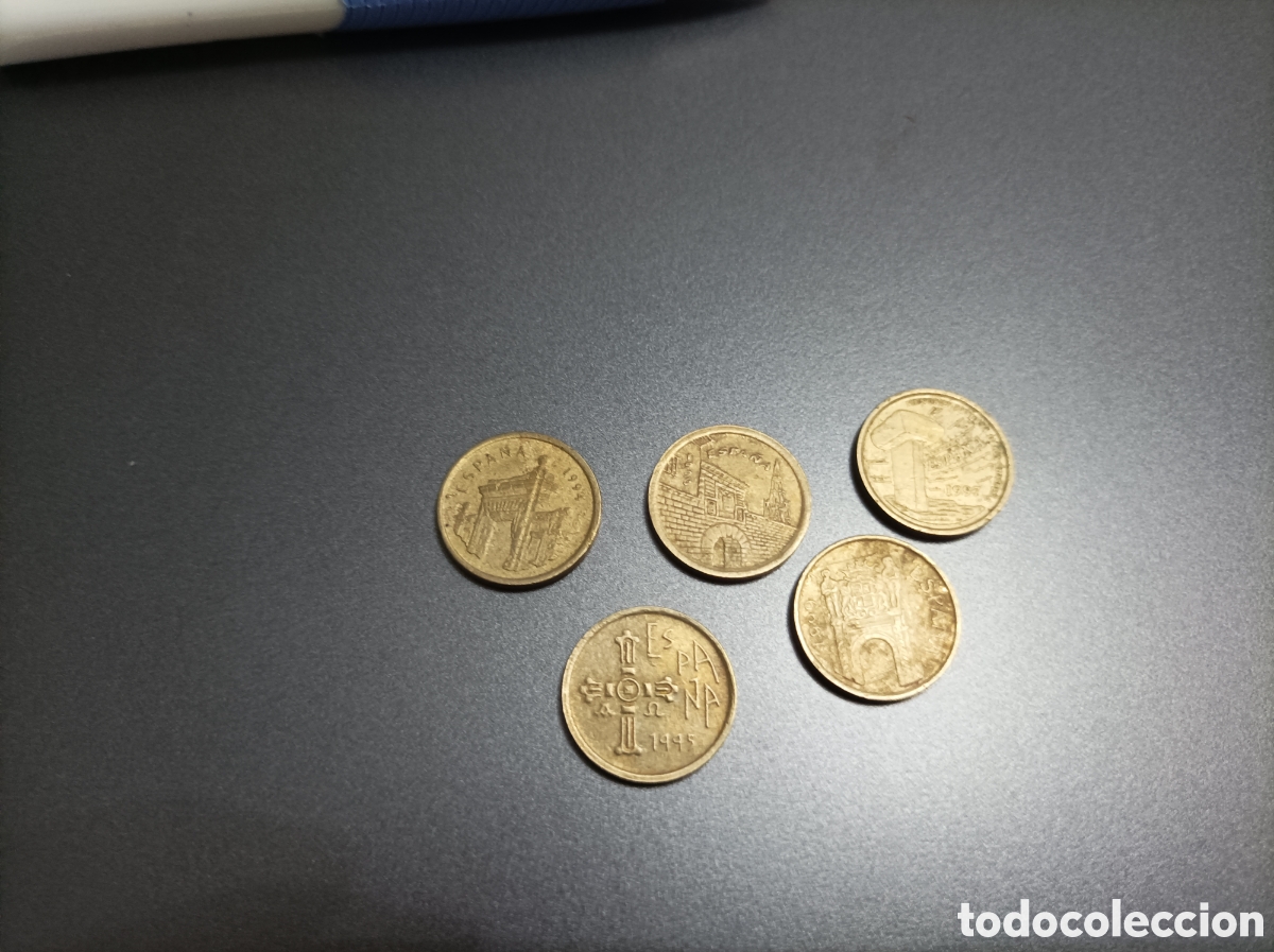 Monedas Juan Carlos I: Lote de 5 monedas de 5 pesetas de Espa&ntilde;a de cobre